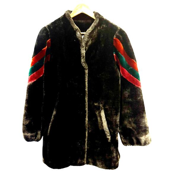 Vintage 80s Borgazia Black Faux Fur Coat Red Green Stripe, Size 13/14 - Picture 6 of 8